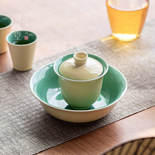 清雅色釉三才盖碗纯色含托盘泡茶碗中式家用陶瓷功夫茶具茶备