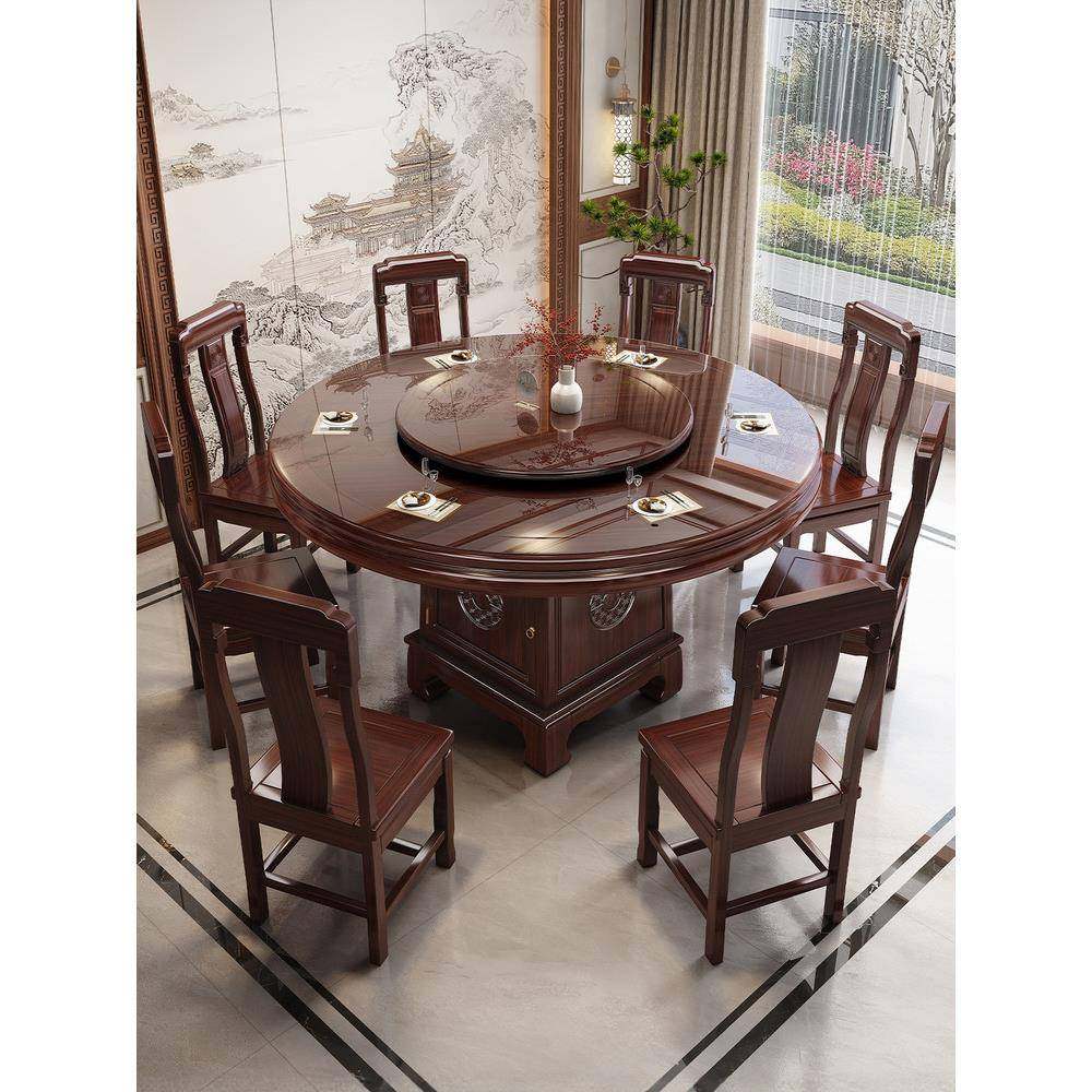 全实木圆桌带转盘新中式酒店餐厅家用乌金木大尺寸圆形餐桌椅组合