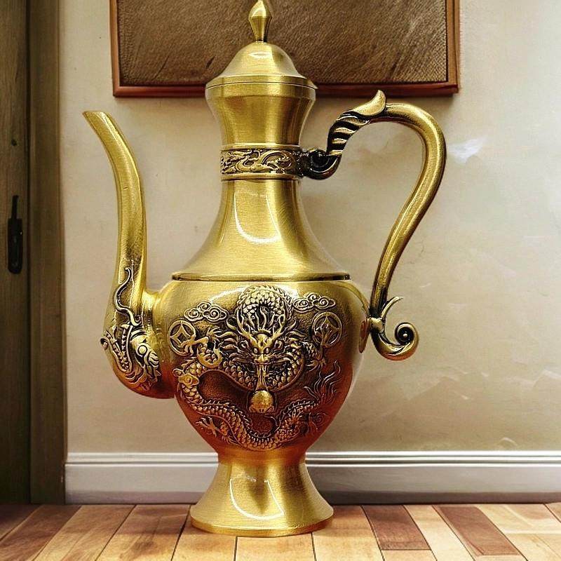 新款纯黄铜双龙酒壶覆古创意老式摆件家用古典铜酒壶中式古风婚庆,家居饰品,桌面摆件,淘宝优惠券,粉丝福利购,淘宝优惠卷