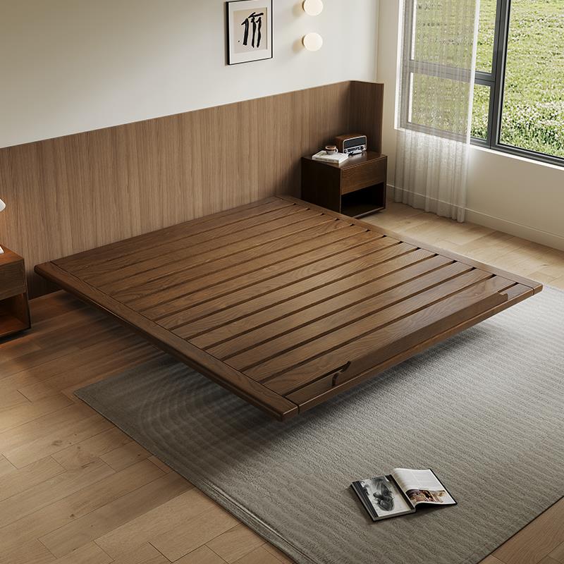 北美黑胡桃木实木床榻榻米小户型齐边床中古风主卧无床头悬浮床