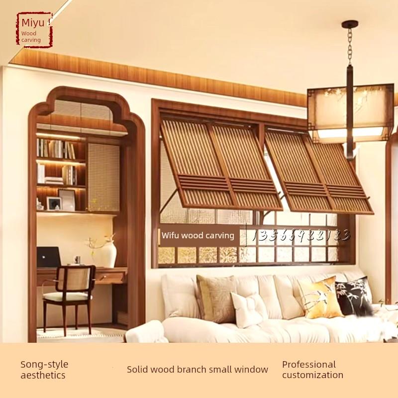 宋式美学实木小窗推拉窗彷古门窗花格玄关背景墙茶室隔断窗框定制