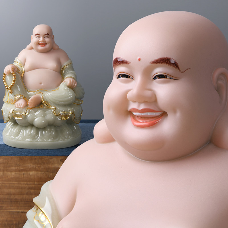 汉白玉佛像弥勒佛大肚佛像笑佛家用金镶玉全堂佛佛堂摆件居家供奉
