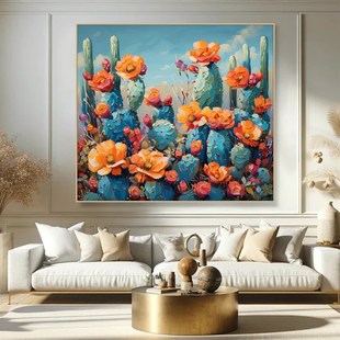 大芬村纯手绘油画抽象仙人掌花卉客厅装饰画儿童房卧室肌理感挂画