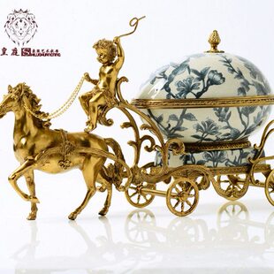 新款陶瓷盒高端雕装饰彩摆件铜做旧狮落拉车小纯手工绘欧式鹿