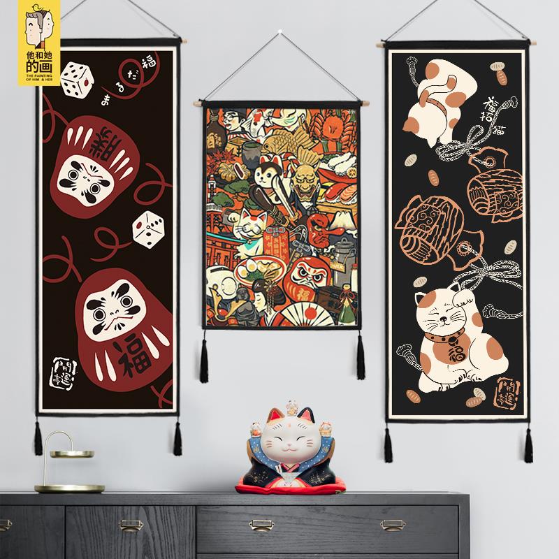 福神猫日式布艺挂画背景布ins和风日料餐厅装饰画组合玄关挂毯旗图片