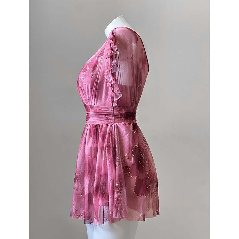 高定连体泳衣女带钢托聚拢网纱印花海边度假泡温泉V领高颜值泳装