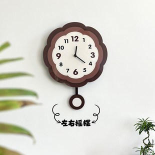 饰客厅钟表复古艺术时钟静音免打孔挂墙表 古风花朵摇摆挂钟家用装