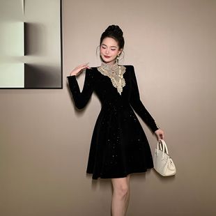 花花原创 复古贵气连衣裙9968 显瘦气质轻奢小黑裙名媛宴会法式