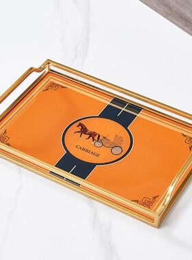 轻奢简约桌面收纳托盘高档橙色玻璃茶盘客厅茶几餐桌样板房装饰品