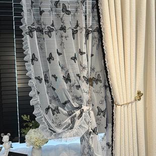 高档中古风法式 新款 复古奶油风遮光奶茶卧室飘窗窗帘黑色蝴蝶窗纱