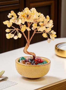 天然黄水晶碎石发财树玛瑙滚石茶盏底座聚宝盆水晶树家居桌面摆件