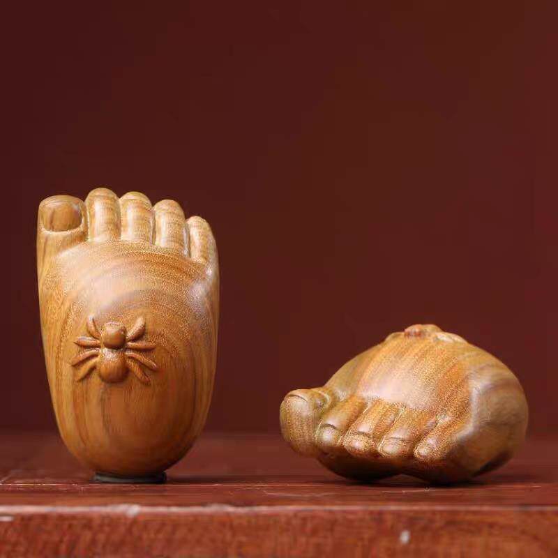 知足常乐手把件天然绿檀木雕手把件佛脚佛足脚丫蜘蛛常乐桌面挂件