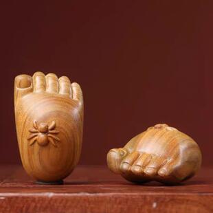 知足常乐手把件天然绿檀木雕手把件佛脚佛足脚丫蜘蛛常乐桌面挂件