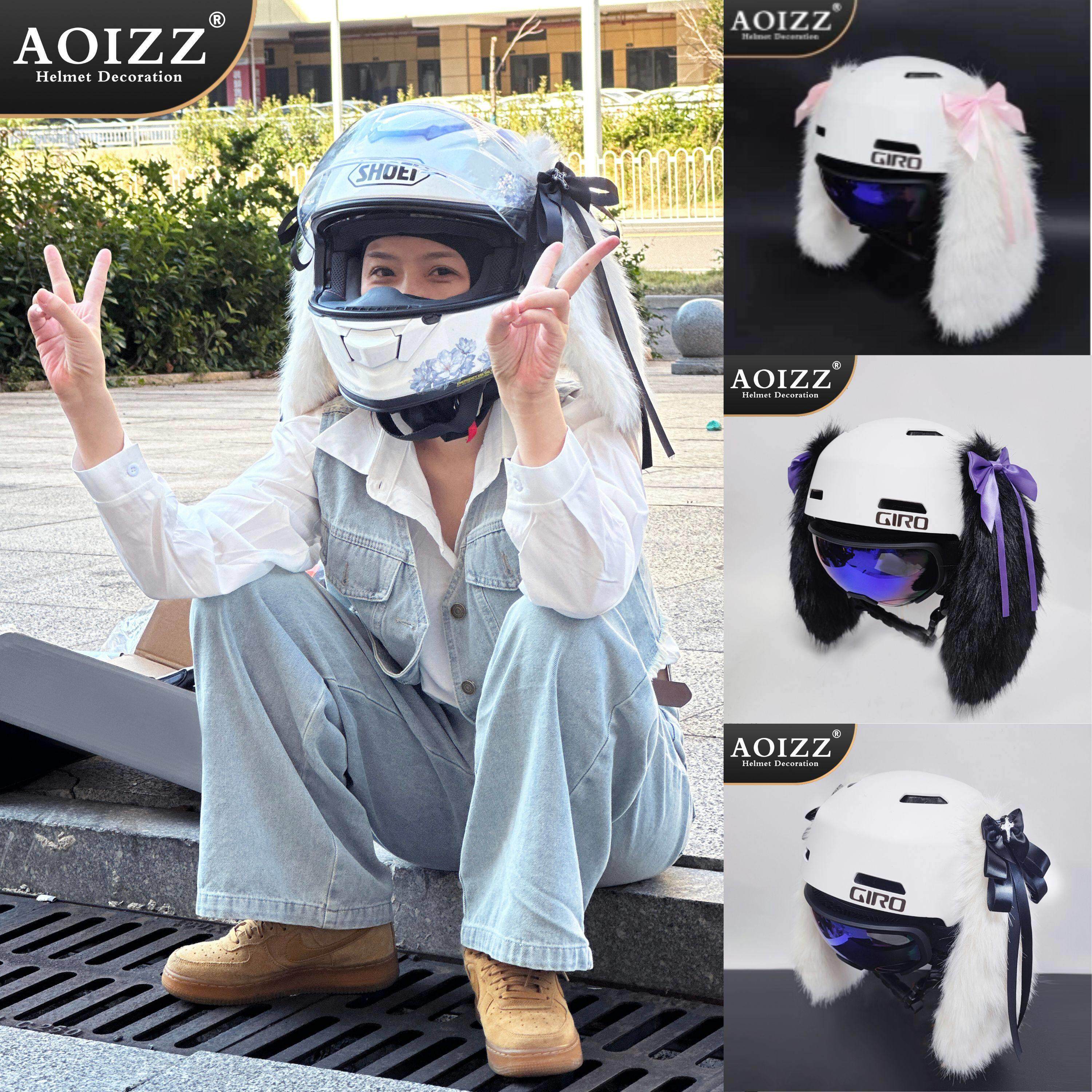 AOIZZ安全帽装饰女可爱配件垂兔耳朵毛绒机车机车滑雪安全帽装饰