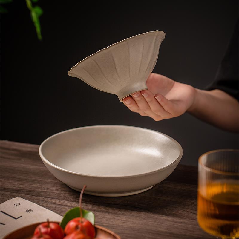 莳绘金缮粗陶复古哑光5英寸荷叶斗笠碗米饭碗家用碗盘景德镇餐具