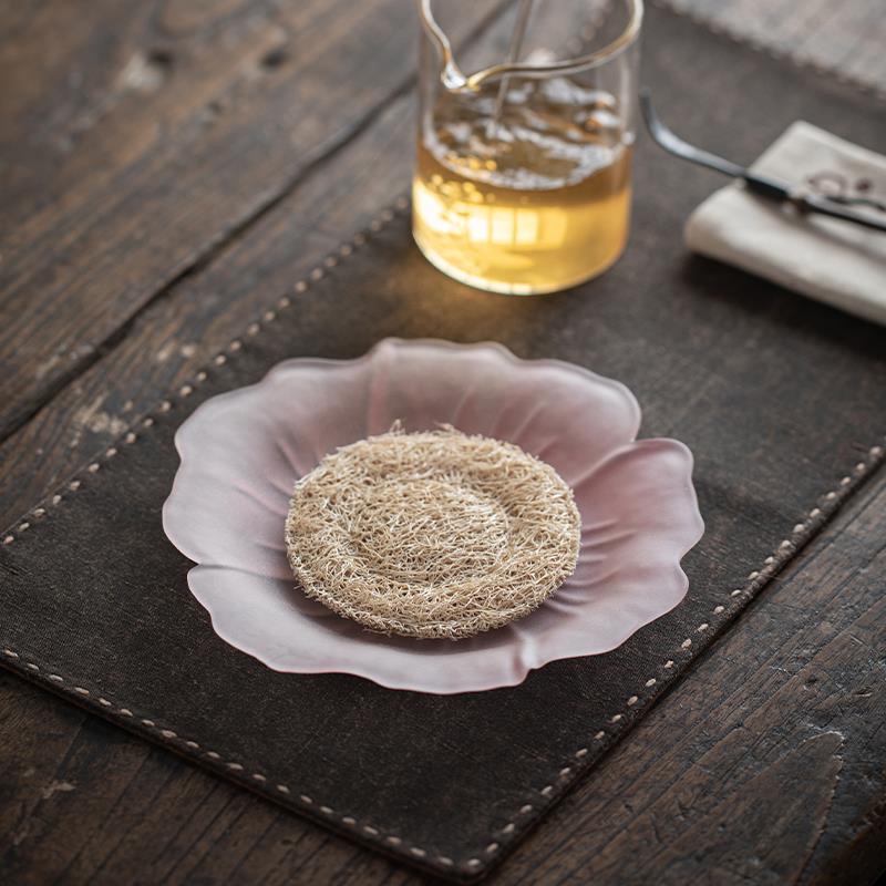 磨砂琉璃荷花壶承玻璃荷花干泡台粉色绿色禅意托盘茶具配件小茶盘