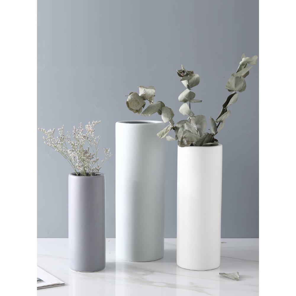 北欧创意圆柱哑光陶瓷花瓶白色简约家居装饰客厅摆件鲜干花花器插