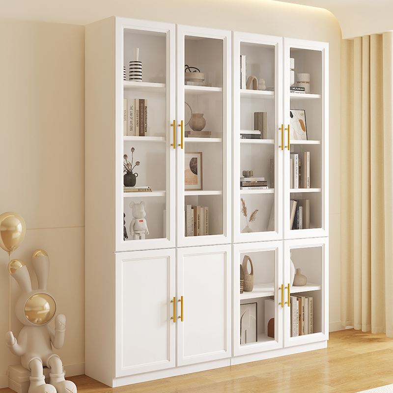 奶油风实木书柜家用书架组合带玻璃门展示柜子客厅一体整墙到顶