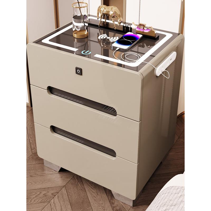 智能多功能床头柜白色烤漆卧室储物柜LED灯无线充蓝牙音箱指纹锁
