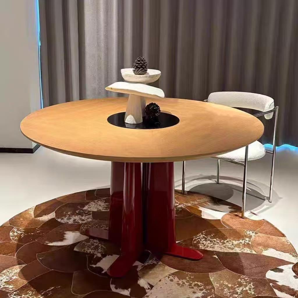 意式圆餐桌现代简约小户型实木餐桌法式创意艺术烤漆圆形红色餐台
