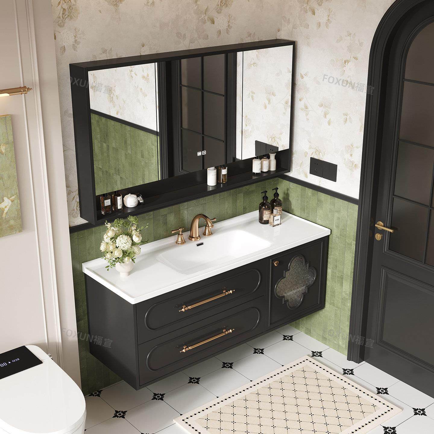 法式复古风岩板无缝陶热弯瓷盆一体盆浴室柜组合可丽耐洗脸盆定制