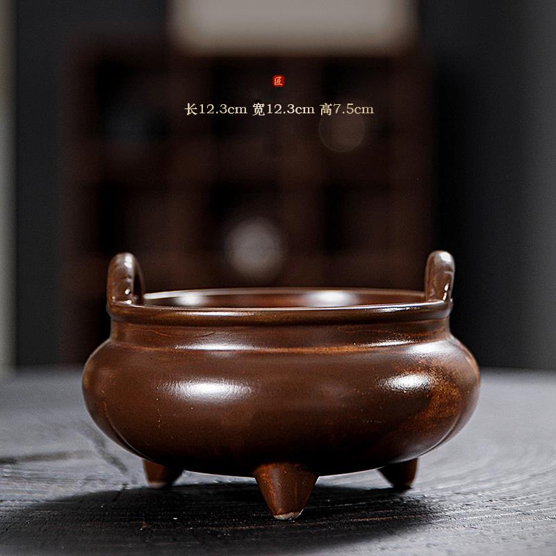 窑变红陶三足香炉 双耳三足鼎立盘香香炉 陶瓷线香香炉 贡香香炉
