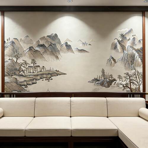 悠然山居升级版刺绣背景墙七彩绣线彩金线刺绣墙布壁布客厅沙发