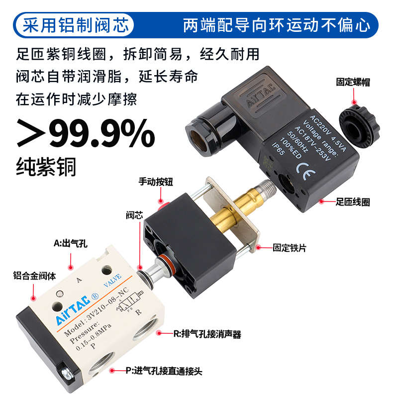 亚德客电磁阀3V210-083V310-10二位24v控制阀气阀220v换向阀三通