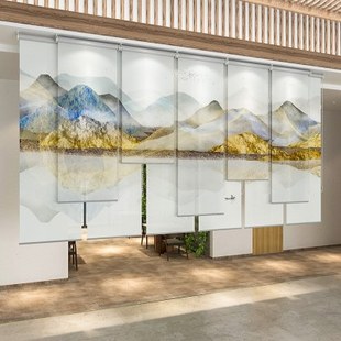 轻奢升降悬挂式 中式 屏风软隔断玄关布帘客厅透明卷帘窗帘山水画