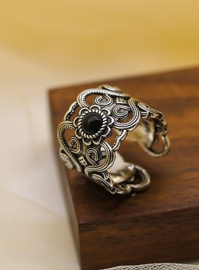 复古国潮图腾花纹戒指s925银做旧镂空I花纹宽版食指戒子开口指环