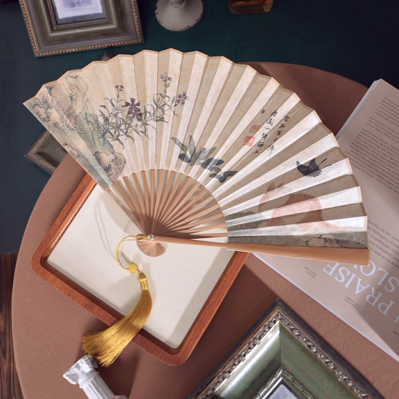 扇子8寸复古风折扇双面中国风花鸟汉服旗袍猫咪蝴蝶X夏季日用竹扇