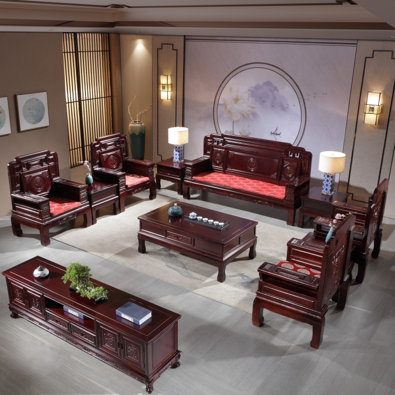 仿古雕花中式红椿木全实木沙发茶几电视柜组合客厅家用经济型