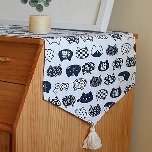 蓝白猫胖流苏桌旗餐桌茶几布台布长条西餐垫棉麻布艺小清新书茶室