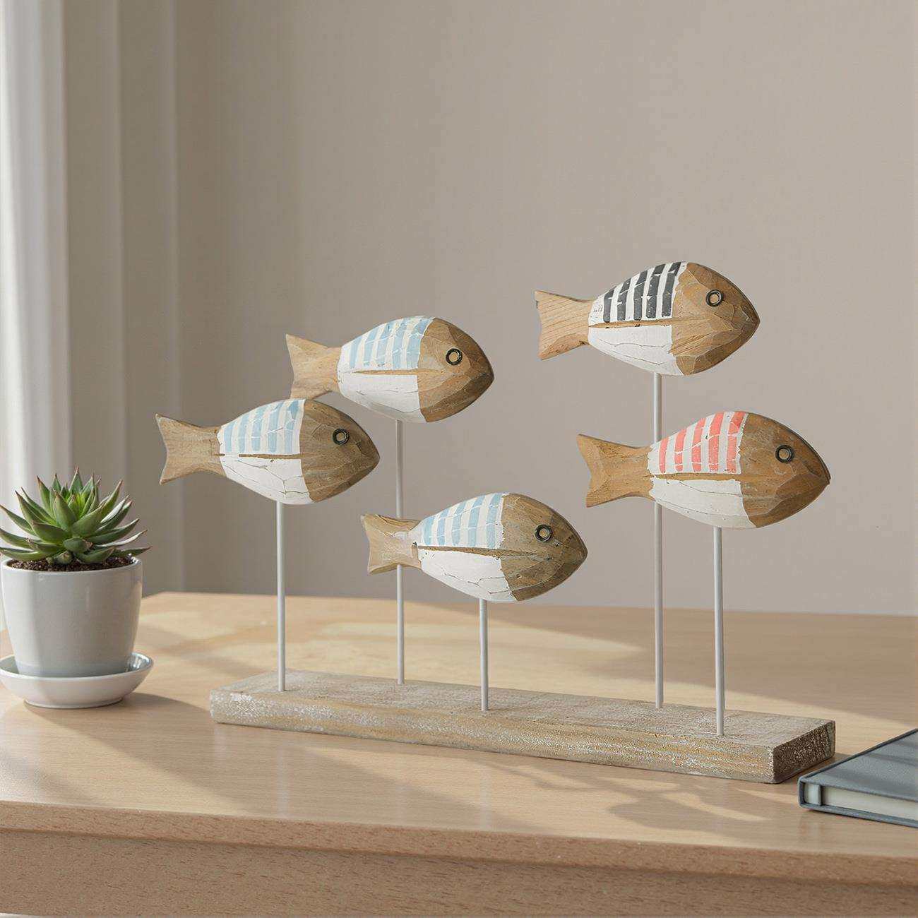 地中海风格鱼群彩色实木雕刻鱼海洋系列木质工艺品原木做旧套三鱼