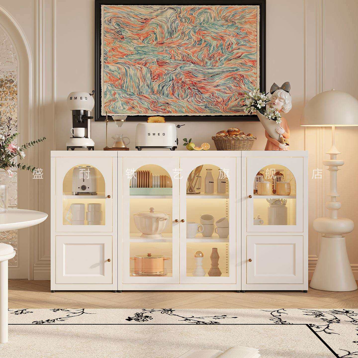 铁艺餐边柜边柜落地置物柜法式家用客厅储物柜铁皮柜靠墙收纳柜子