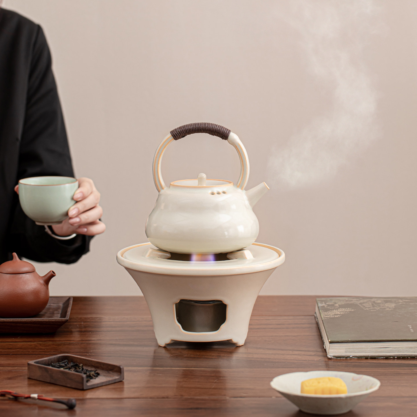 宏逐围炉煮茶套装室内家用酒精炉泡茶小套装粉红烧水茶壶温煮茶器