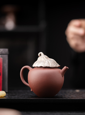 宏逐鎏银枯荷茶壶家用手工复古泡茶器中式赭陶泥手抓壶单壶礼盒装