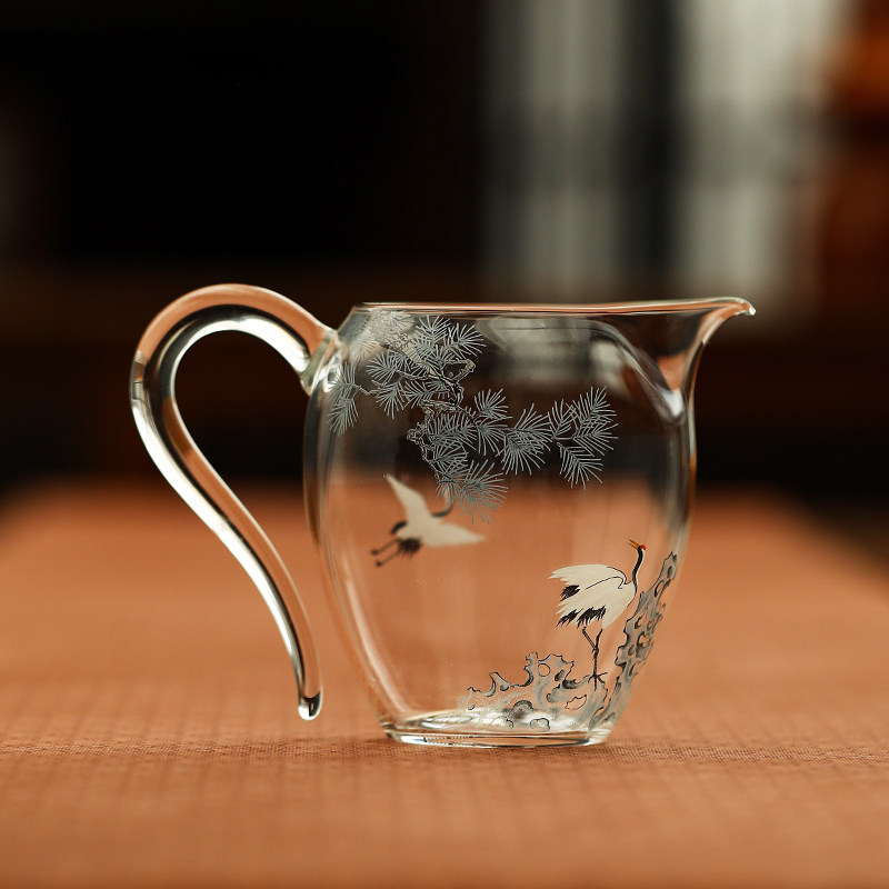 宏逐青松瑞鹤耐热玻璃公道杯家用草堂把手公杯分茶器泡茶匀杯茶海