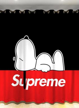 夏季定制粗麻史努比日式卡通儿童卧室黄色挂钩全遮光打孔加工窗帘