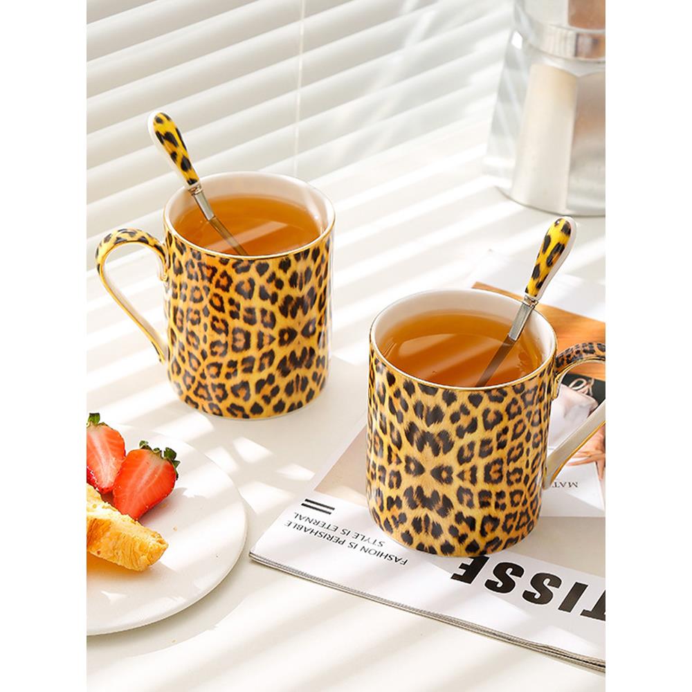 欧洲无障碍豪华豹纹马克杯勺骨瓷杯早餐杯水杯牛奶杯夫妇对杯礼盒