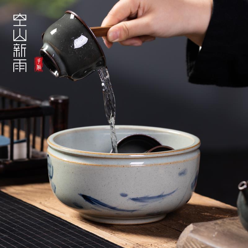 青花瓷茶洗大号家用笔洗陶瓷茶具配件洗茶碗茶道零配特大水盂水洗