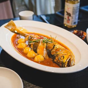 酒店中式厨房餐具白瓷宽边鱼盘清蒸鱼盘餐厅会所中式旦旦形鱼盘高
