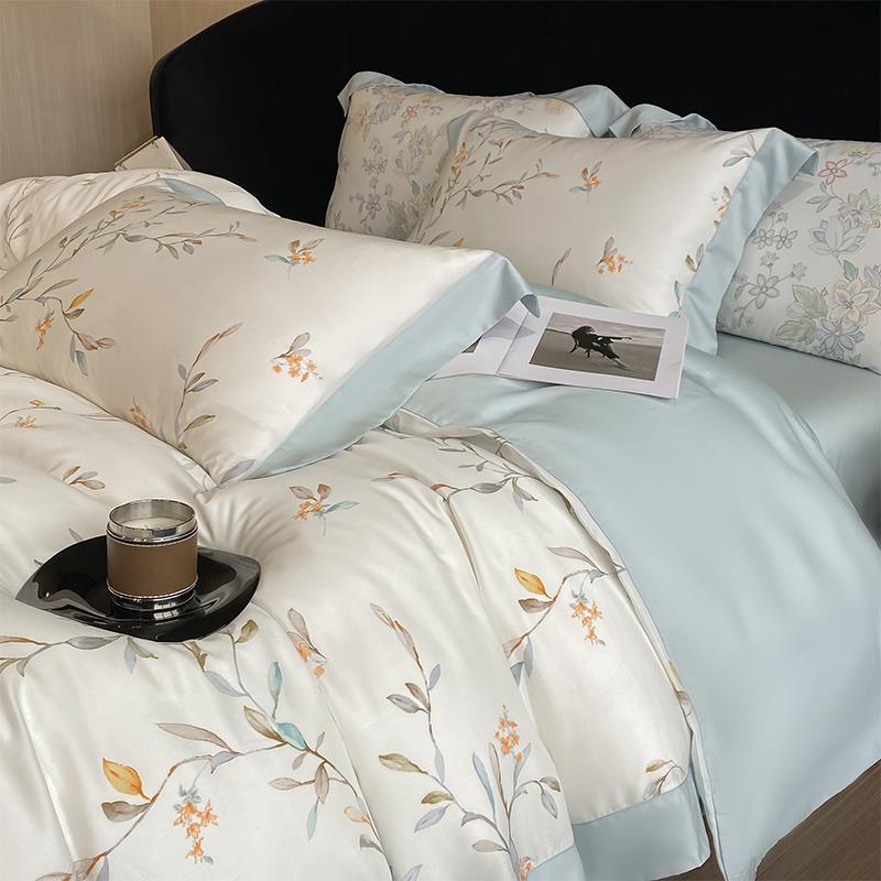 轻奢高级感100S夏季天丝床品四件套花卉凉感双人冰丝被套床单床笠