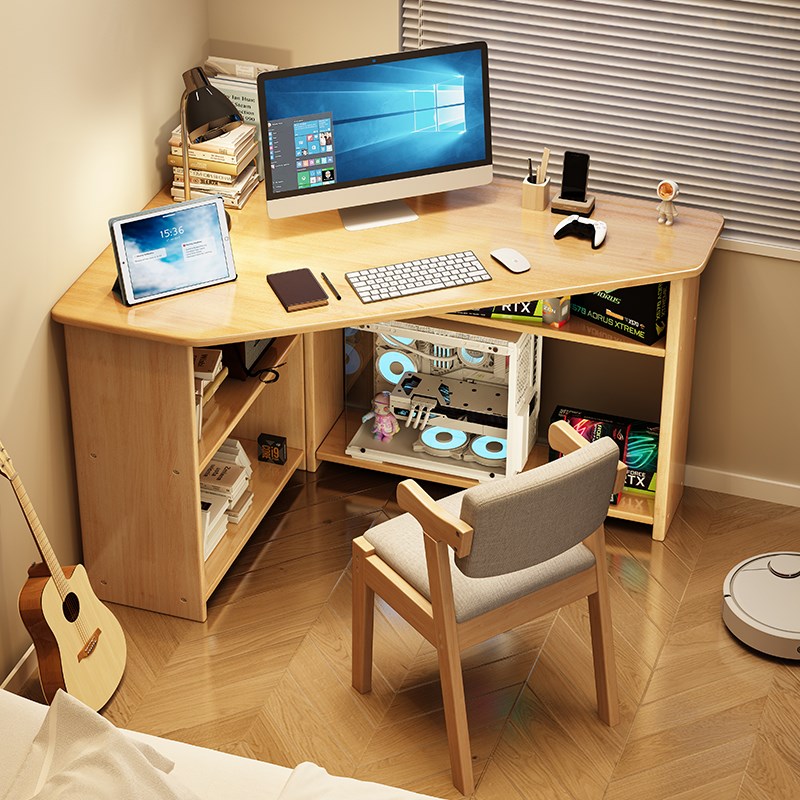 全实木转角书桌卧室角落学生写字桌家用书柜一体靠墙三角形电脑桌