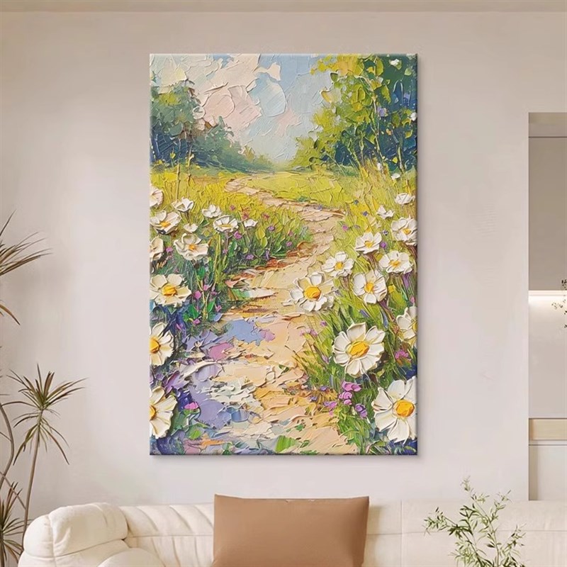 纯手绘油画肌理立体小雏菊客厅装饰画欧式梵高花卉正对门玄关挂画图片
