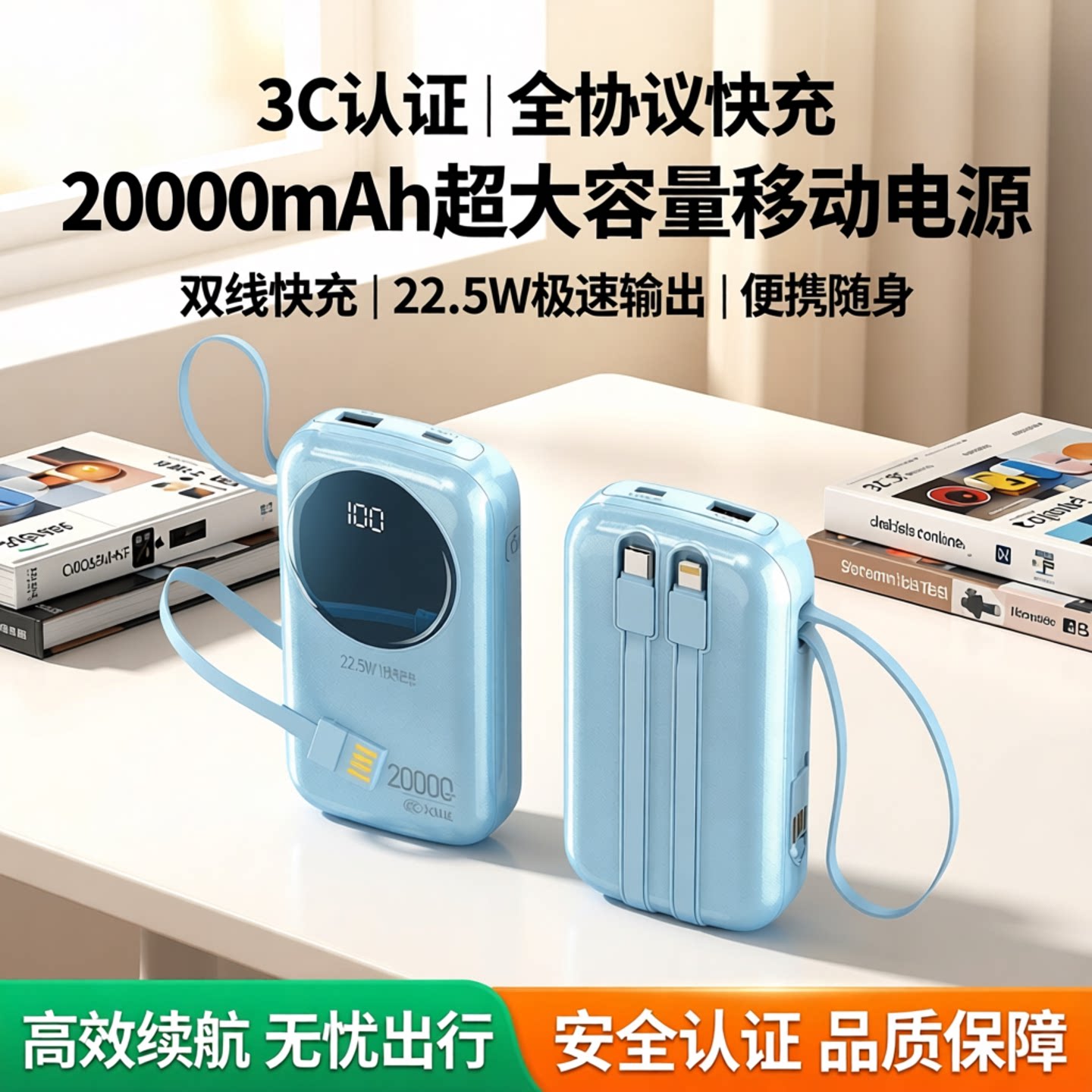 【3C认证】全协议充电宝20000毫安自带双线快充大容量移动电源