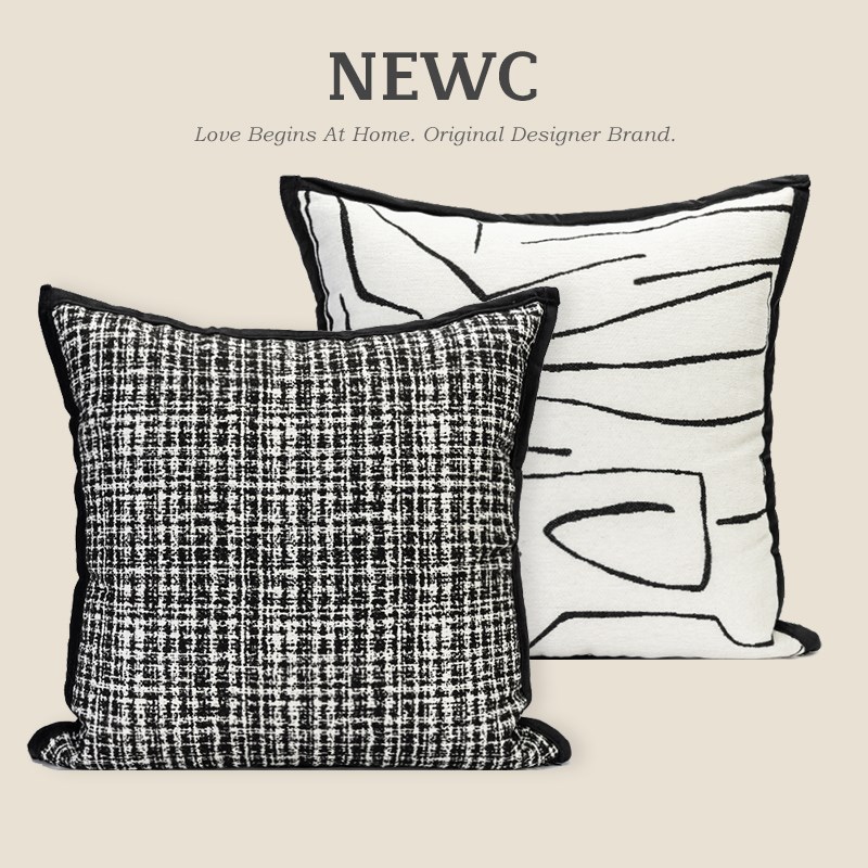 NEWC新宸优品 现代极简黑白肌理抱枕套客厅沙发床头刺绣线条靠枕