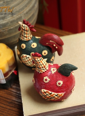 田园欧美乡村情侣鸡动物桌面摆放吉祥寓意创意红色可爱花纹手工品