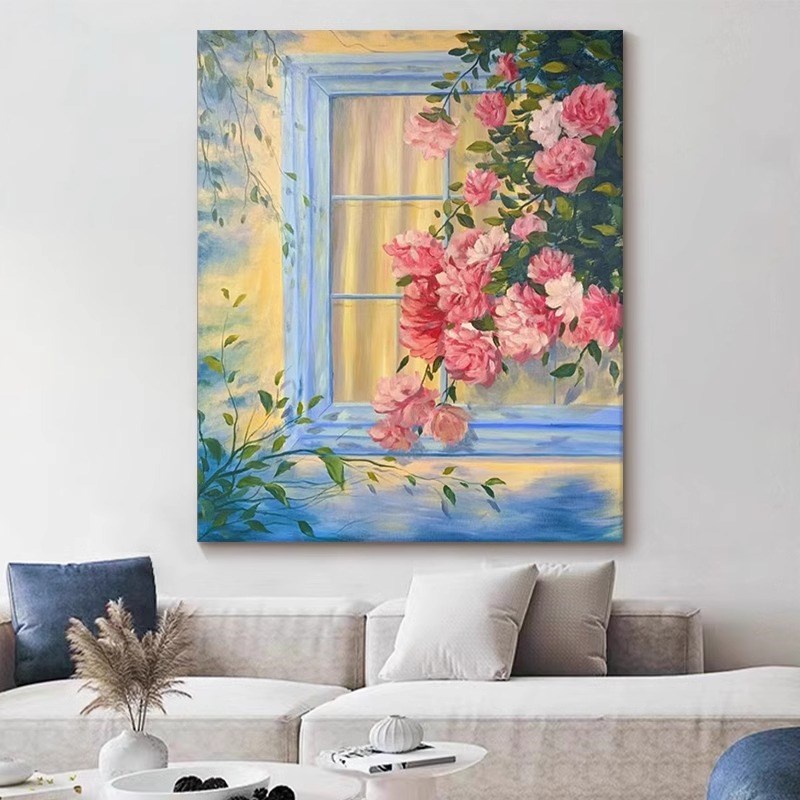 治愈系手绘玄关装饰画客厅牡丹花卉挂画肌理油画暖色风景壁画无框图片