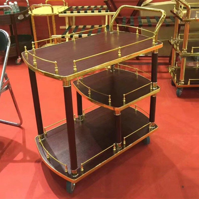 三层餐车实木柱烤鸭车酒店送餐车上菜车酒店餐厅送菜车X型手推车